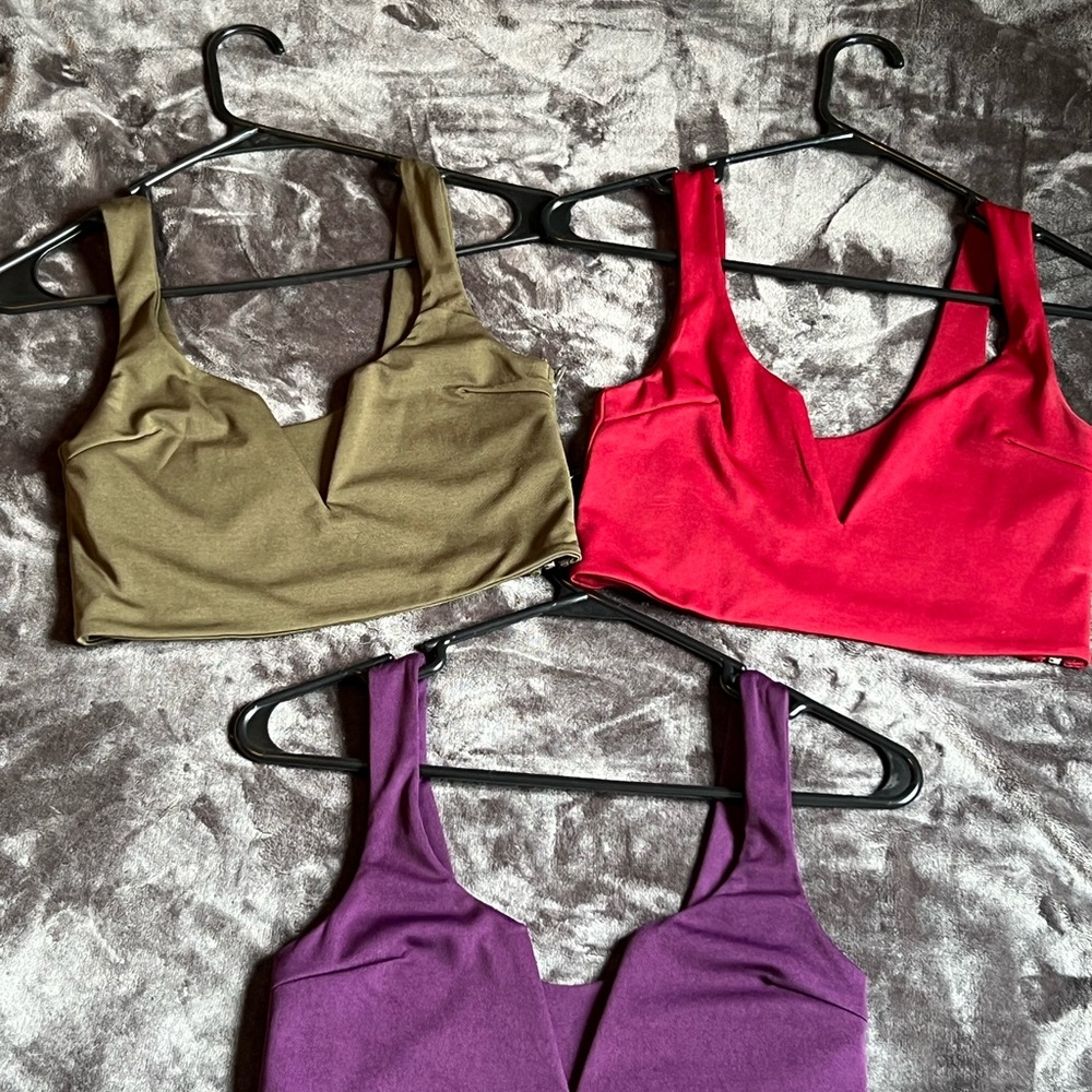 Set of Three V-Neck Crop Tops in Red, Olive, and Purple